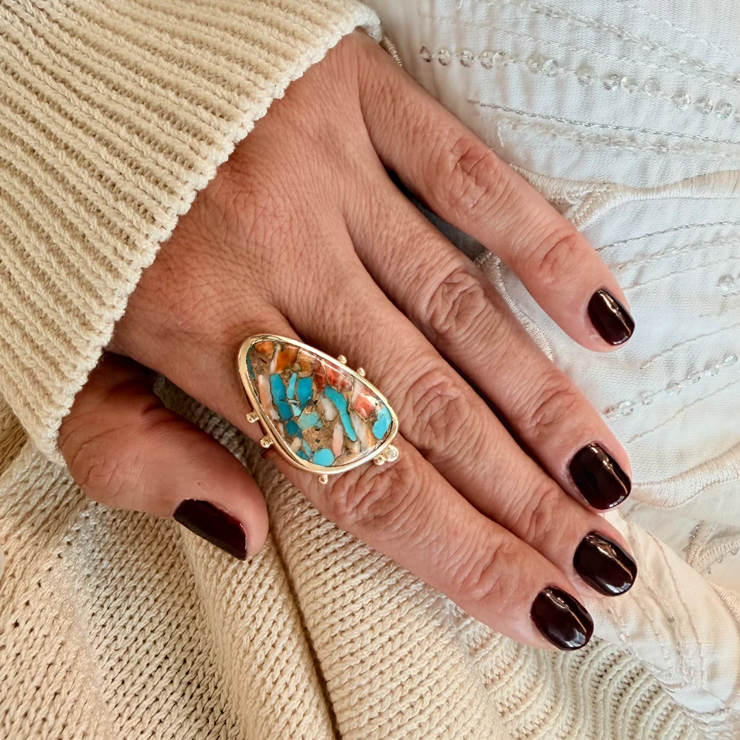 14K Gold Copper Mosaic Turquoise Ring with Diamond - Image 4