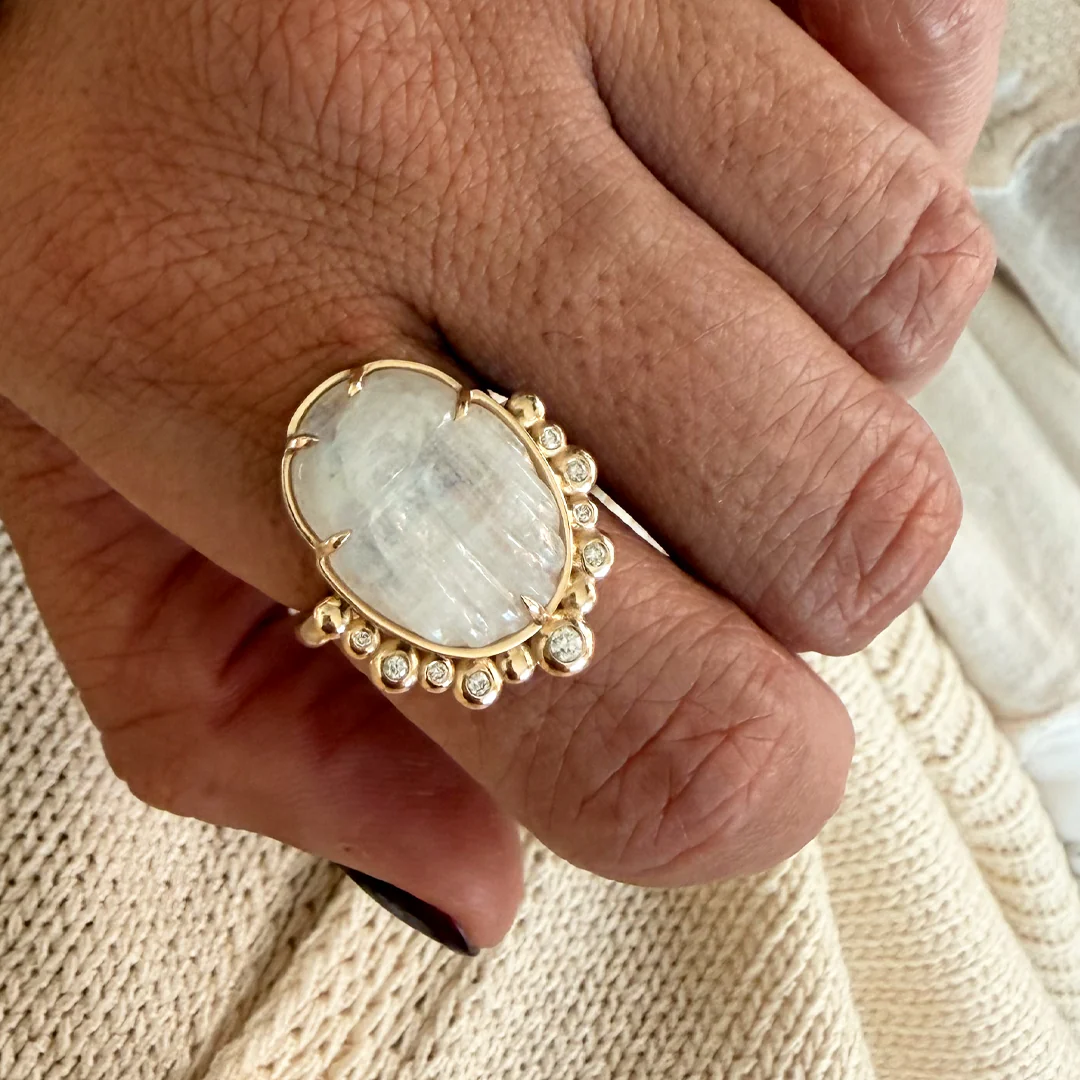 14K Gold Scarab White Moonstone Ring with Diamonds - Image 2