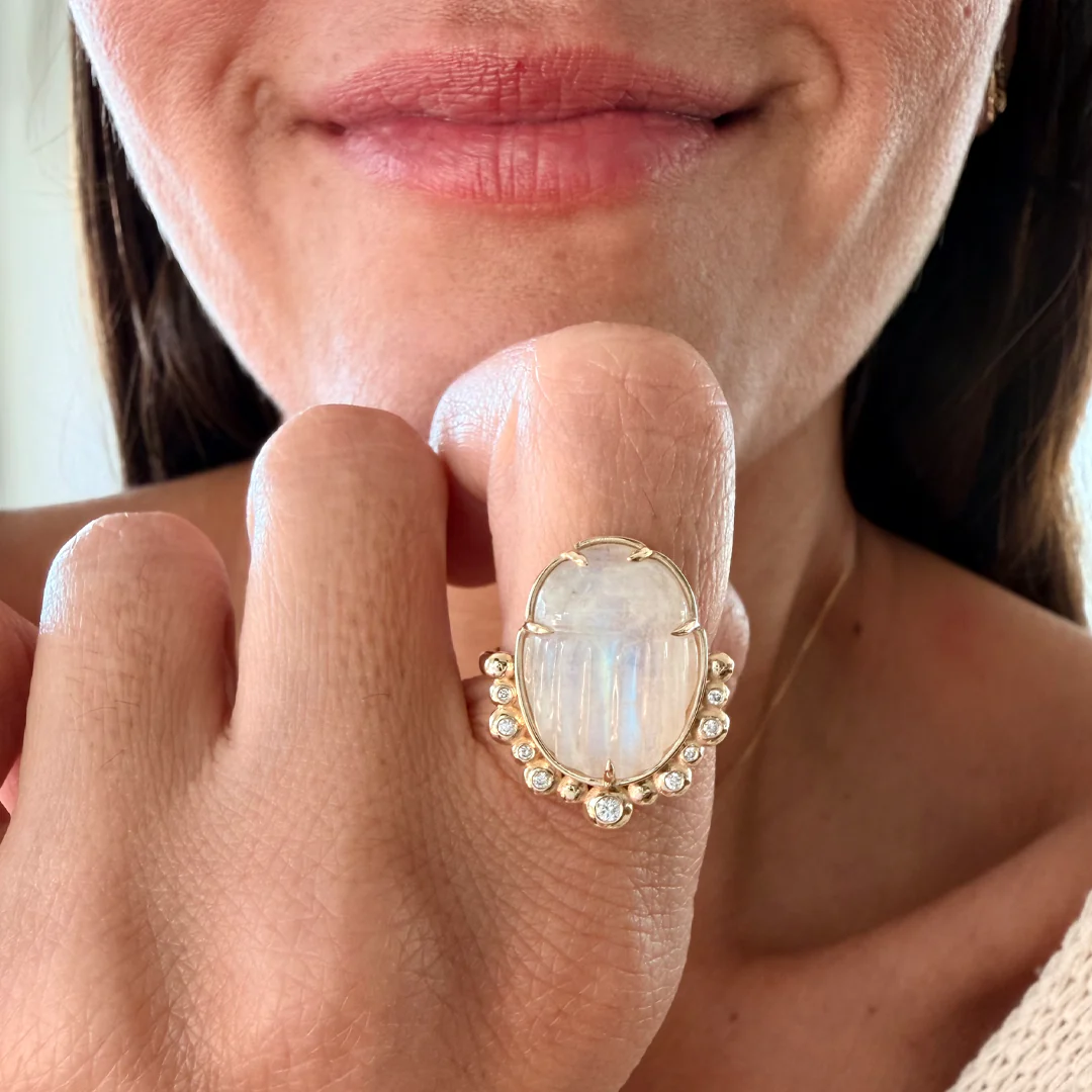 14K Gold Scarab White Moonstone Ring with Diamonds - Image 3