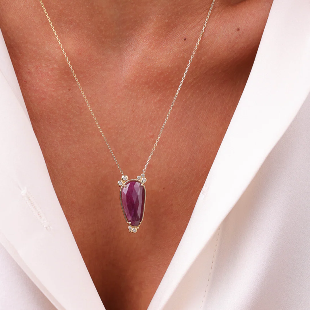 14K Gold Slender Drop Ruby Necklace with 7 diamonds - Image 3