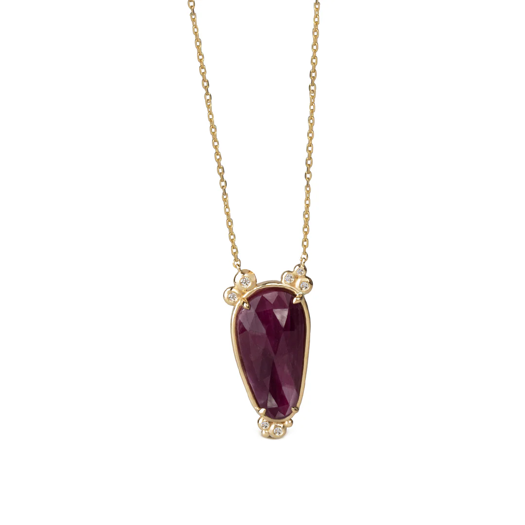 14K Gold Slender Drop Ruby Necklace with 7 diamonds - Image 4