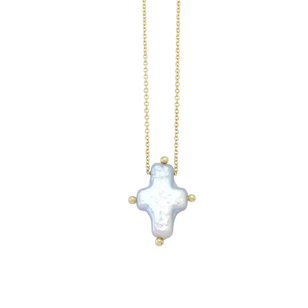 14K Gold, Small Pearl Cross Necklace