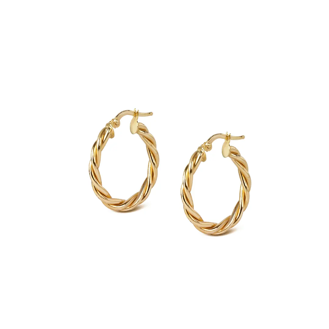 14K Gold small  round thick twisted hoops - Image 2