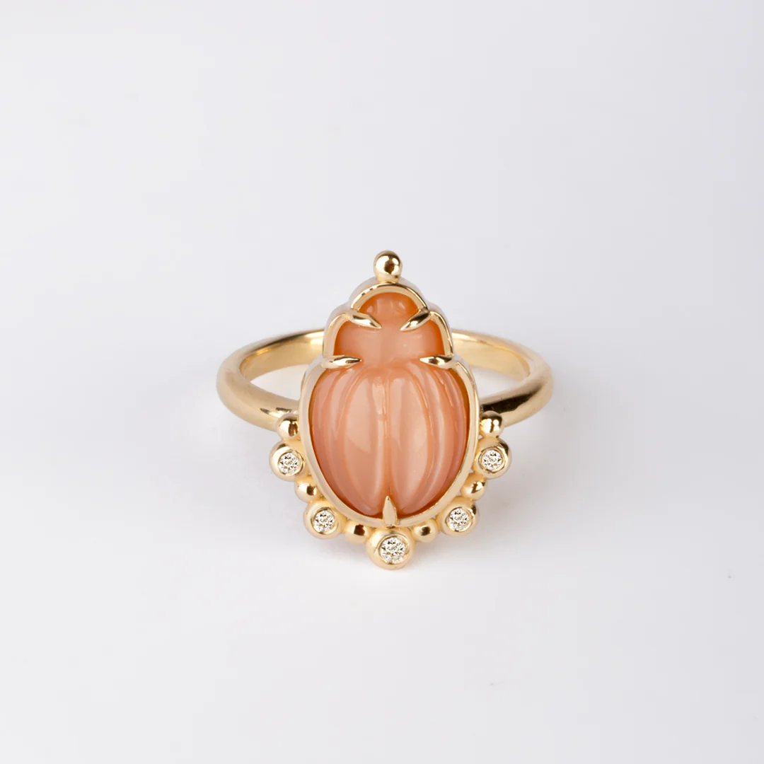 14K Gold Small Scarab Moonstone Ring with Diamonds - Image 3