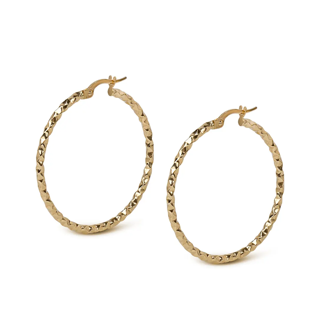 14K Gold thin round hammered hoops - Image 2