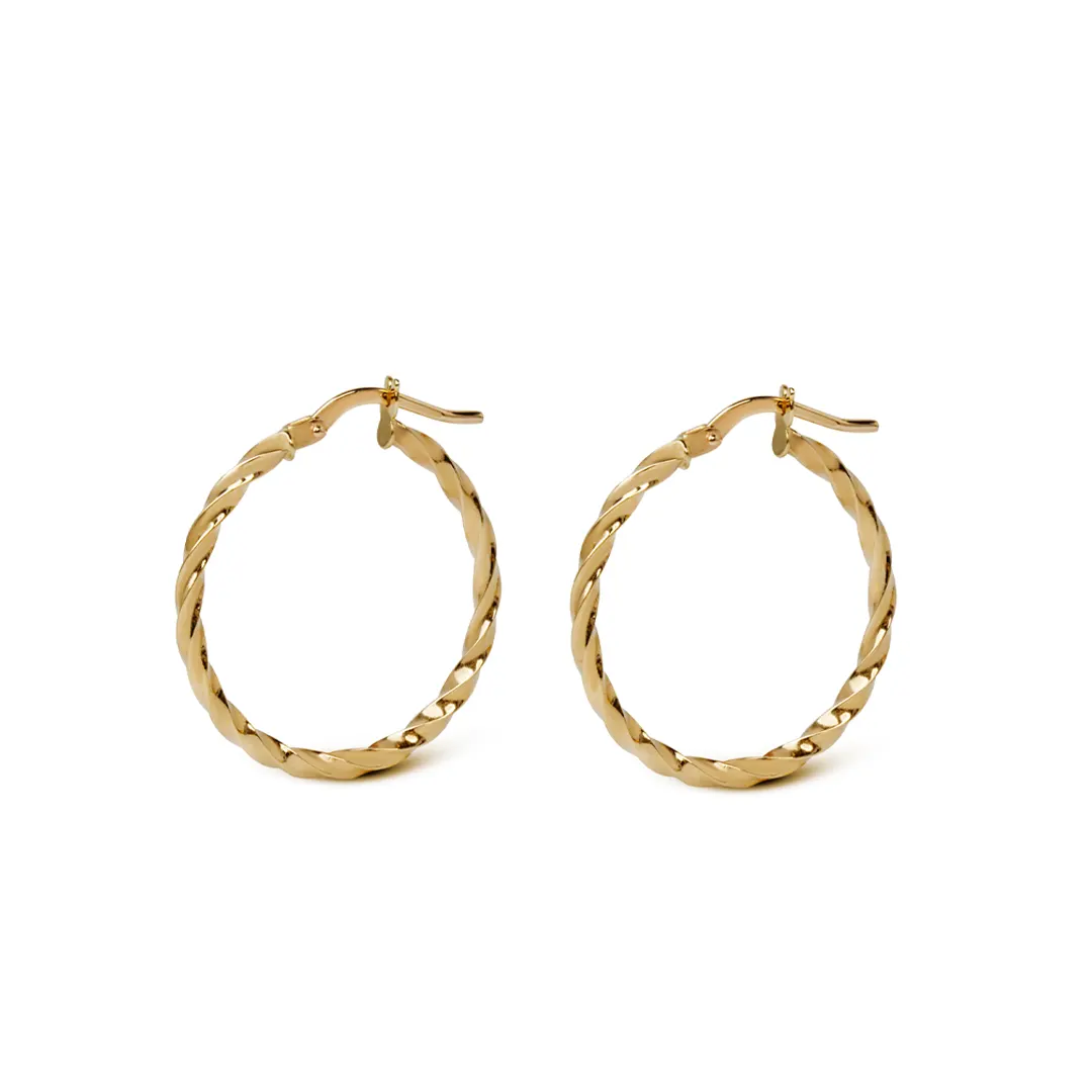 14K Gold thin round twisted hoops, big size
