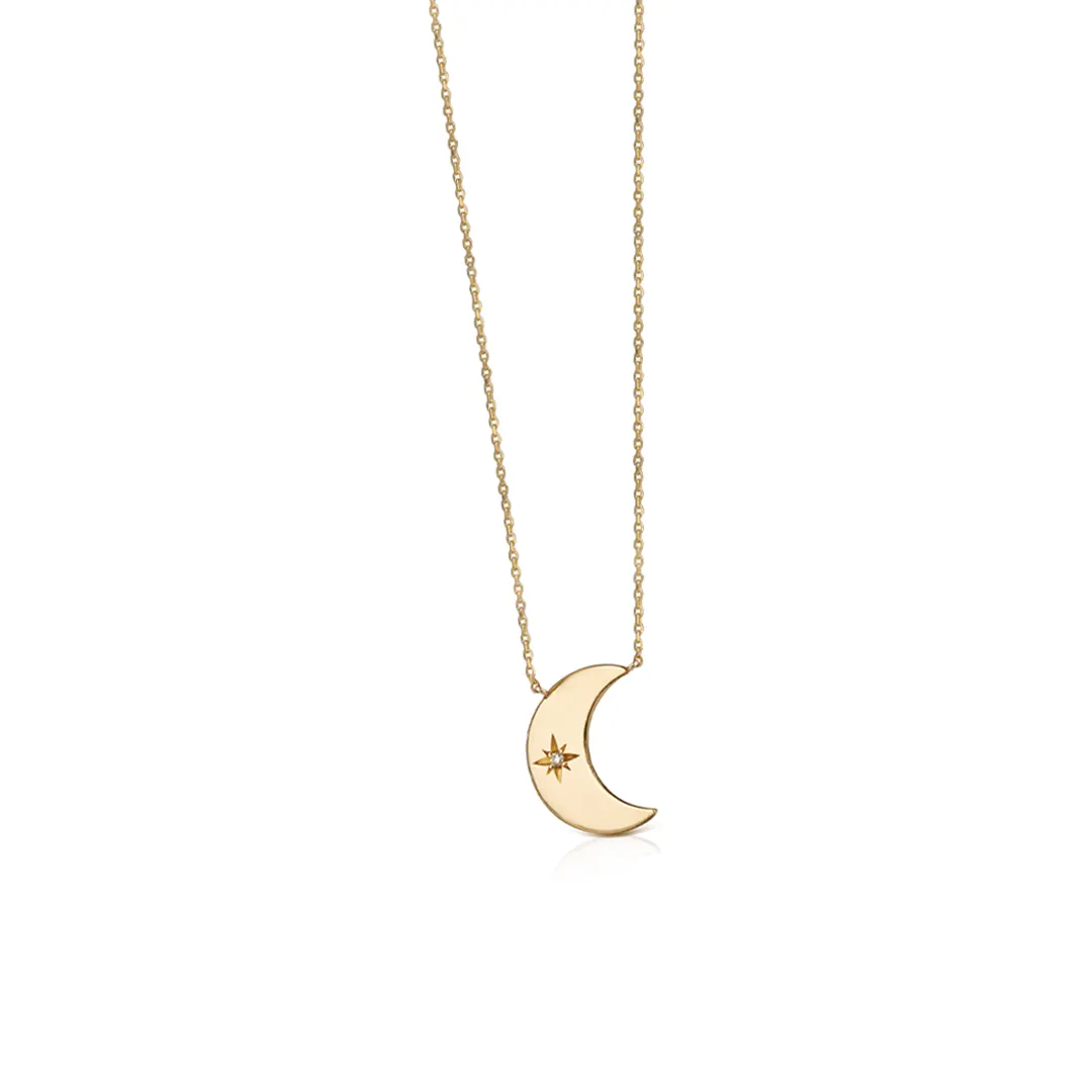 14K Gold Tiny Crescent Moon Diamond Star Necklace - Image 2