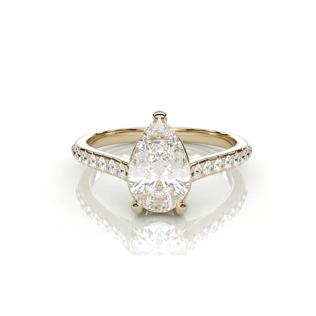 18 Yellow Gold Pear LAB Diamond Ring with small Diamonds on each side