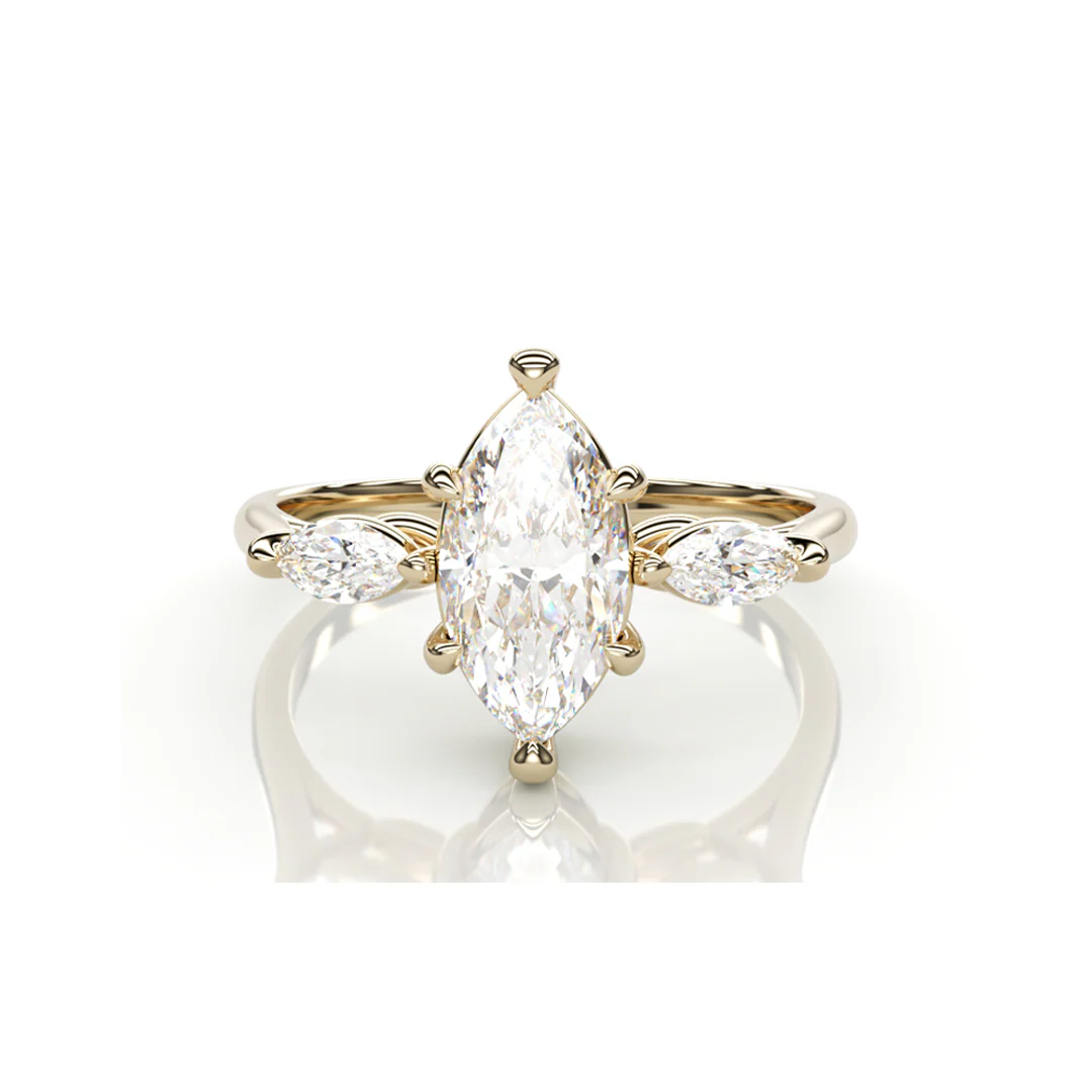 18K Yellow Gold Marquise LAB Diamond Ring with 1 Diamond on each side