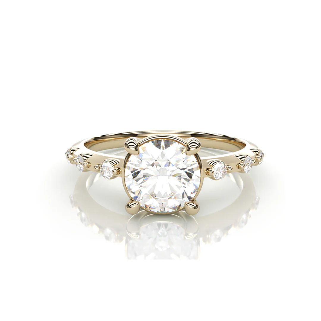 18K Yellow Gold Round LAB Diamond Ring with 3 small Diamonds on each side