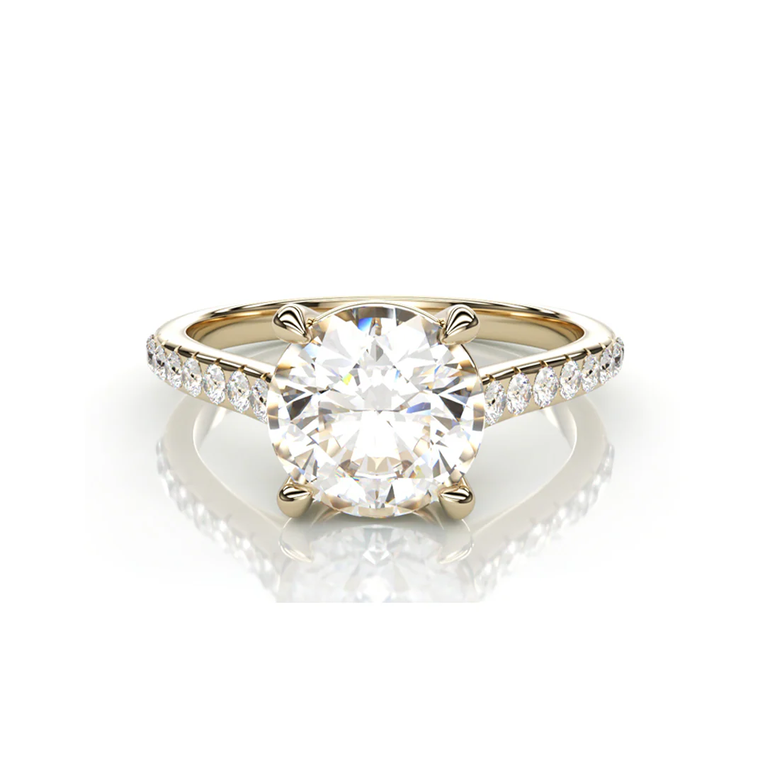 18K Yellow Gold Round LAB Diamond Ring with small Diamonds on each side