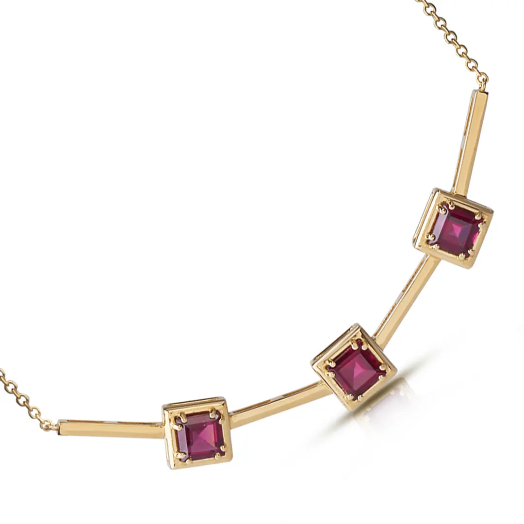 3 Square Shaped Rhodolite 14K Gold Necklace - Image 2