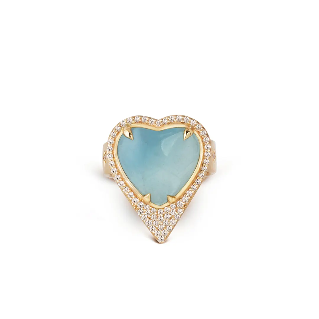 Aquamarine Heart Shaped 14K Gold Thick Band Ring surrounded by Diamonds