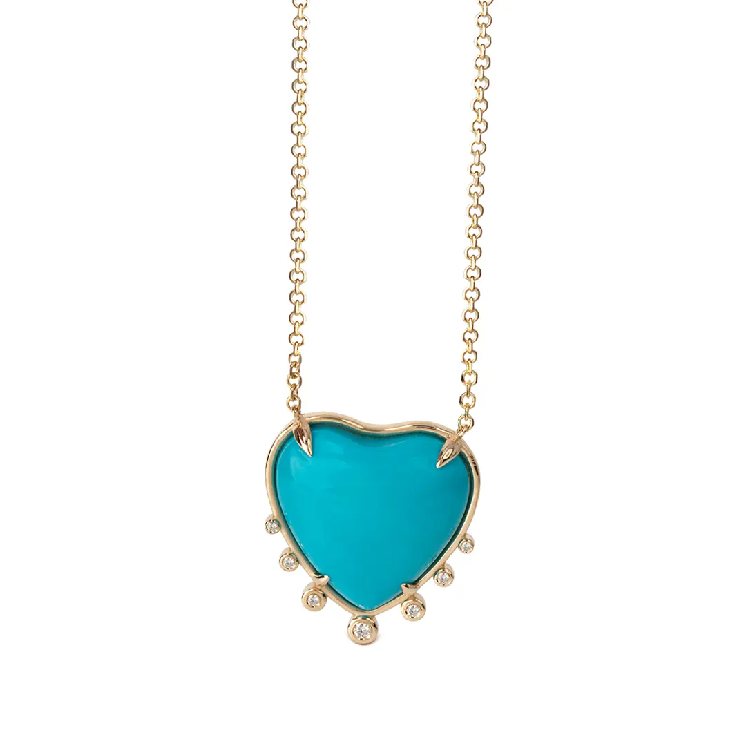 Big Heart Shaped Turquoise 14K Gold Necklace with 7 Diamonds - Image 2