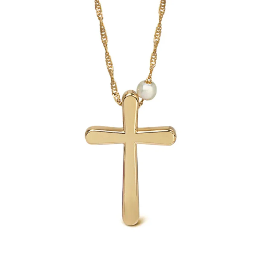 Bold, Curved Edges Gold Cross Pendant with Freshwater Pearl