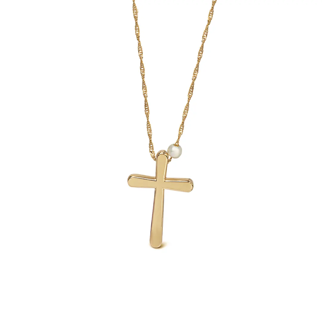 Bold, Curved Edges Gold Cross Pendant with Freshwater Pearl - Image 2