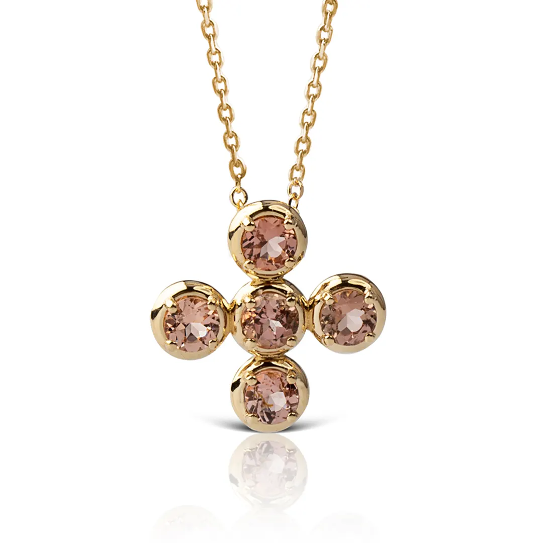 Circle Gold Cross Pendant with 5 Pink Tourmalines