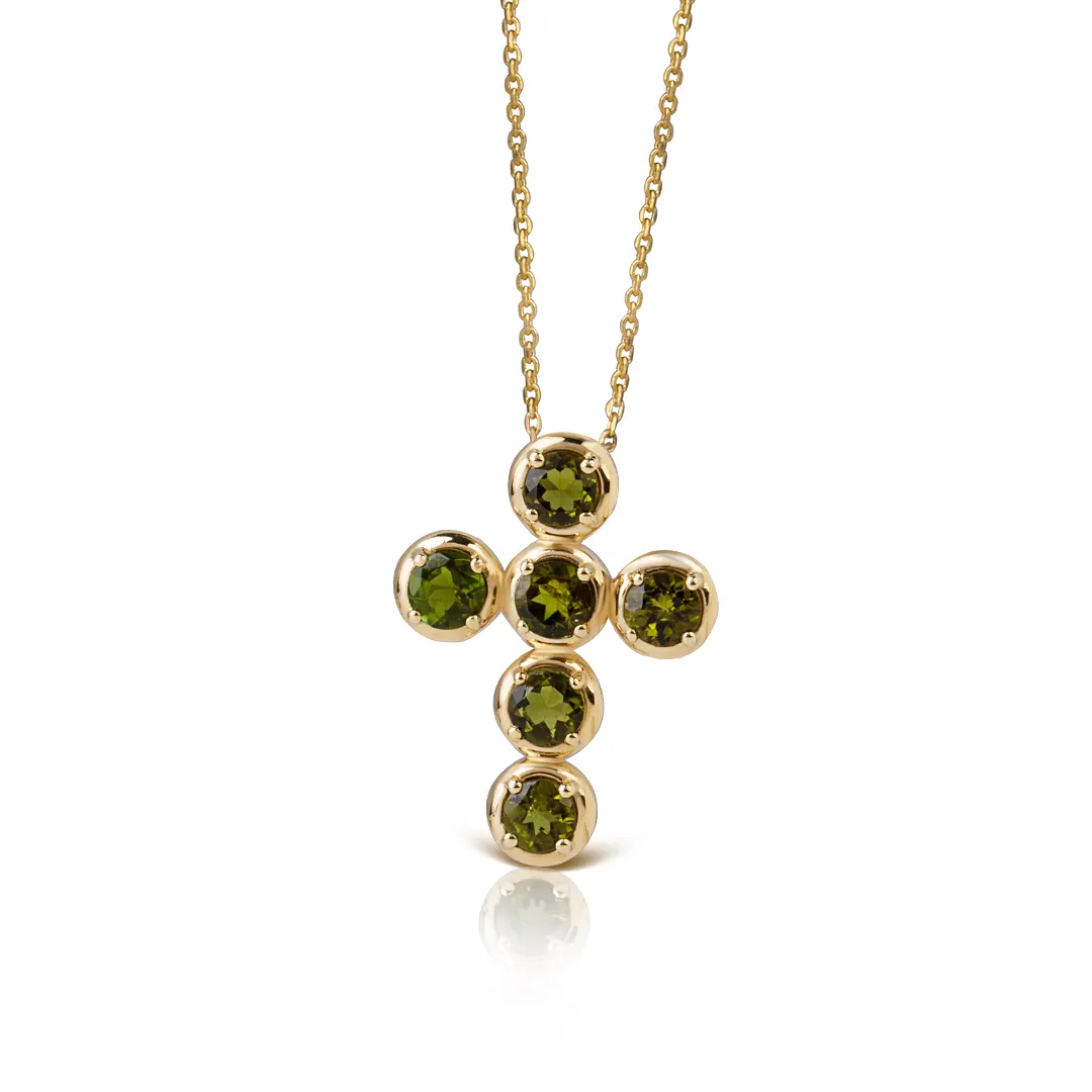 Circle Gold Cross Pendant with 6 Green Tourmalines - Image 2