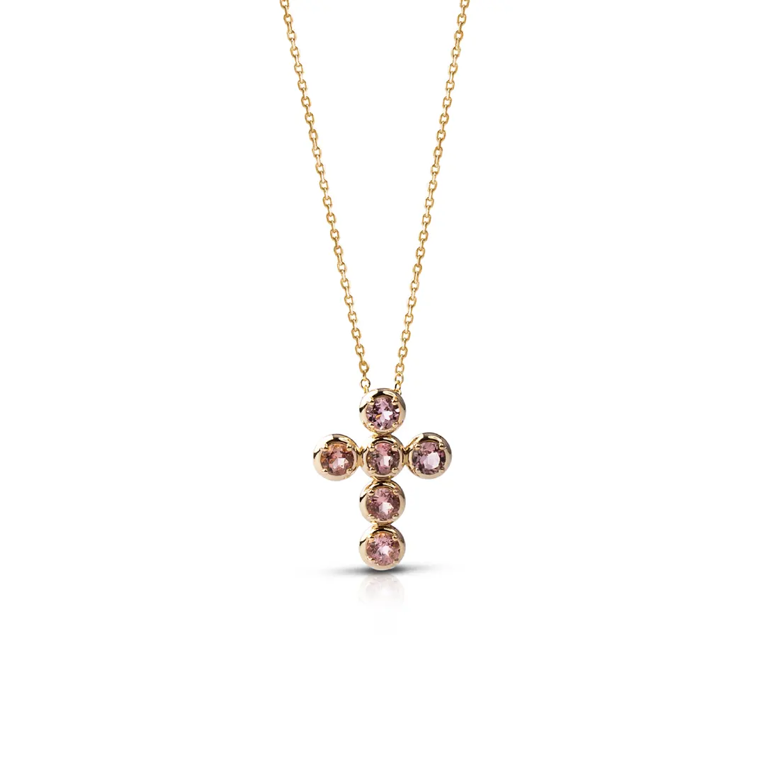 Circle Gold Cross Pendant with 6 Pink Tourmalines - Image 2