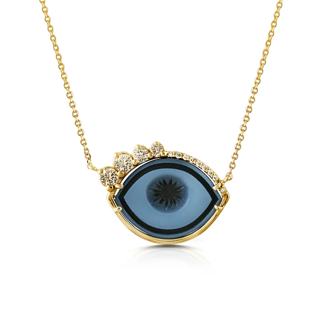 Cycladic Talisman 14K Gold Necklace with Cameo Eye and Diamond Lashes