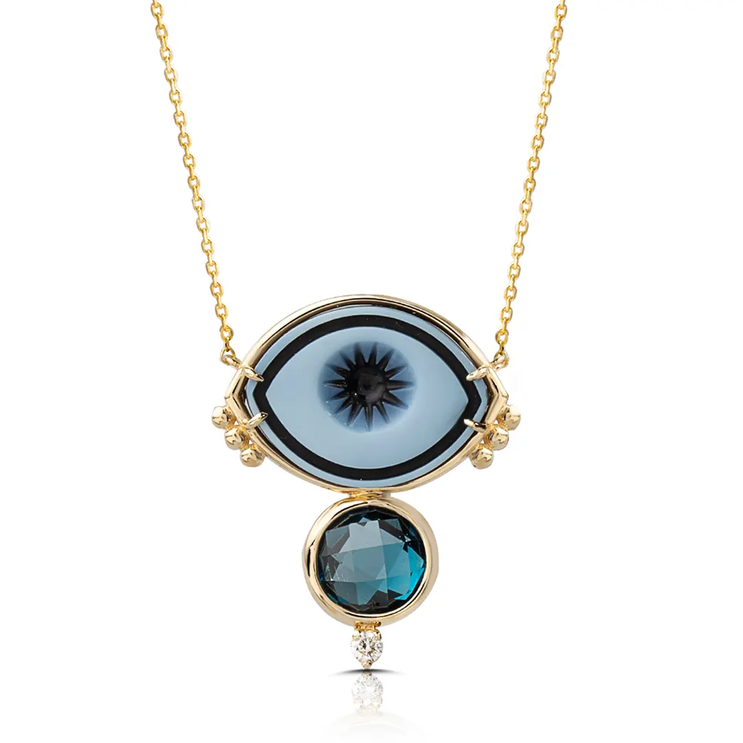 Cycladic Talisman 14K Gold Necklace with Cameo Eye, London Blue Topaz and Diamond