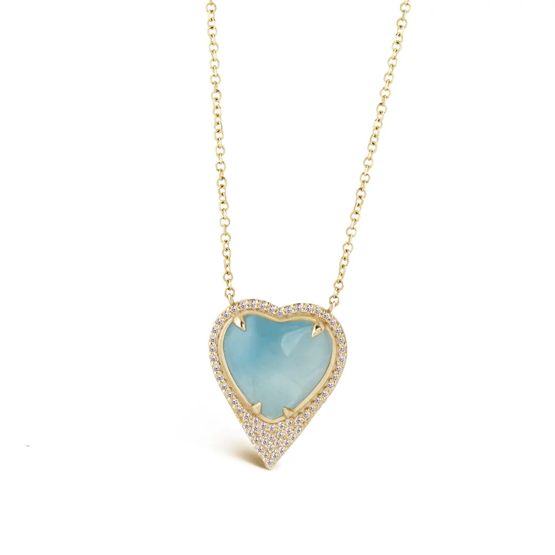 14K Gold Heart-shaped Aquamarine Necklace framed with Diamonds - Image 2