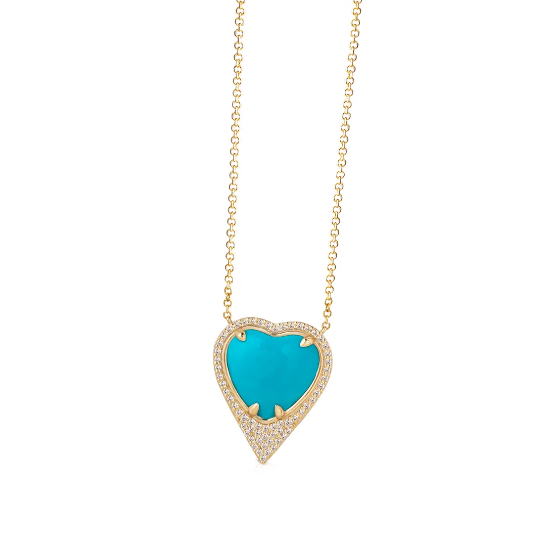 Diamond surrounded Heart Shaped Turquoise 14K Gold Necklace - Image 2