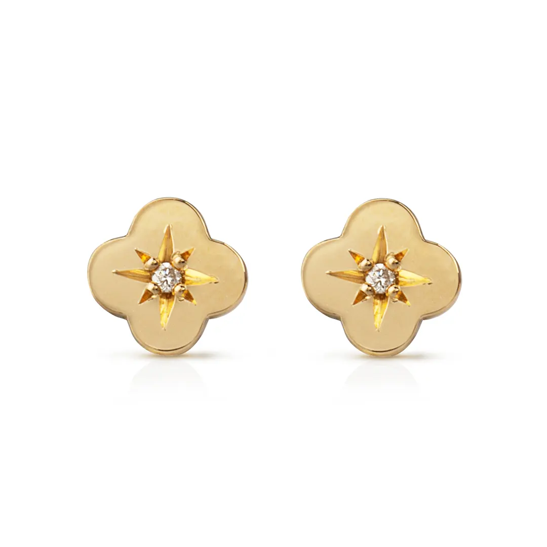 14K Gold Flower Diamond Star Earrings - Image 2