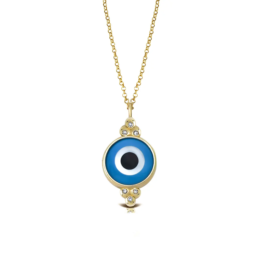 Round Evil Eye 14K Gold Necklace with 6 Diamonds - Image 2