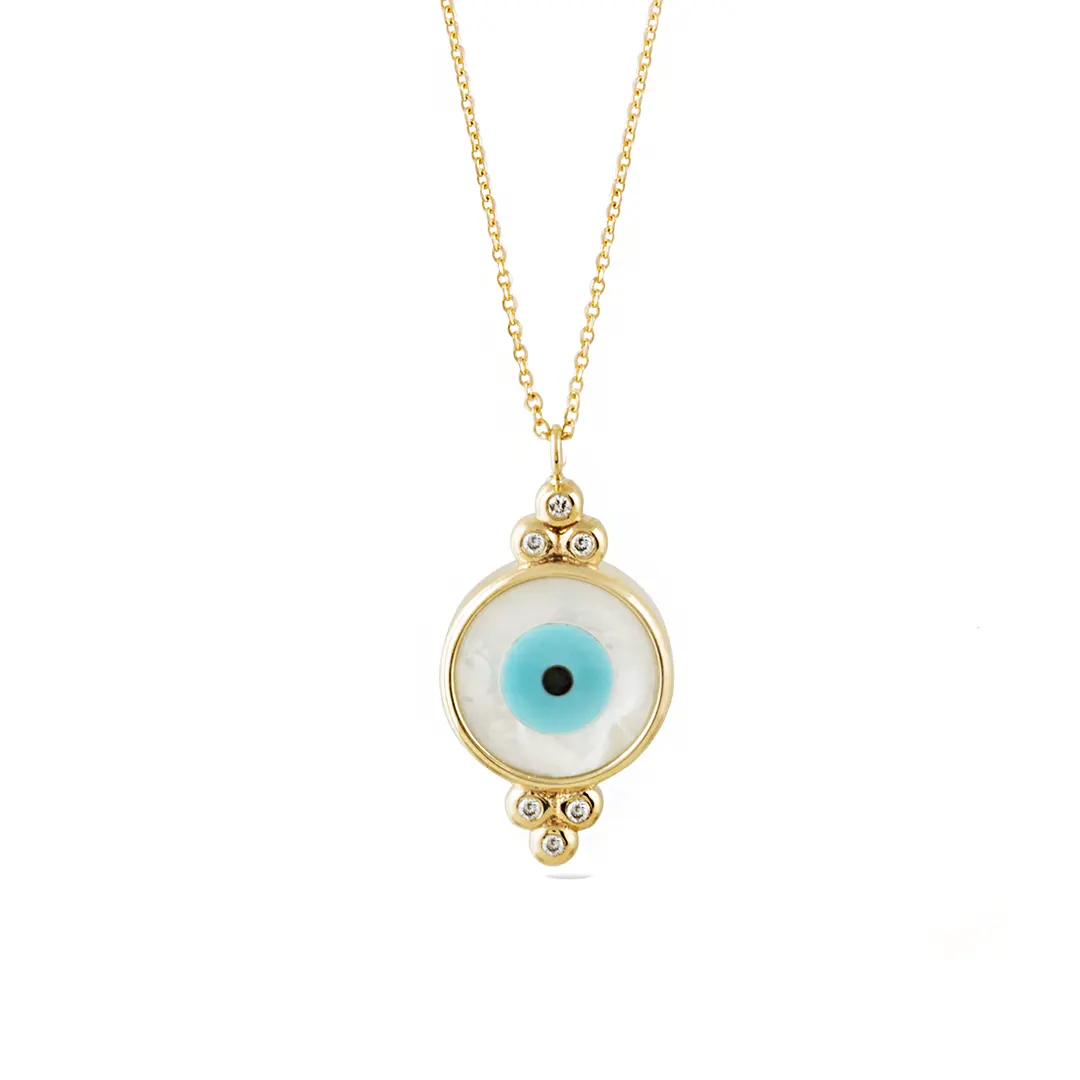 Round Evil Eye 14K Gold Necklace with 6 Diamonds - Image 3