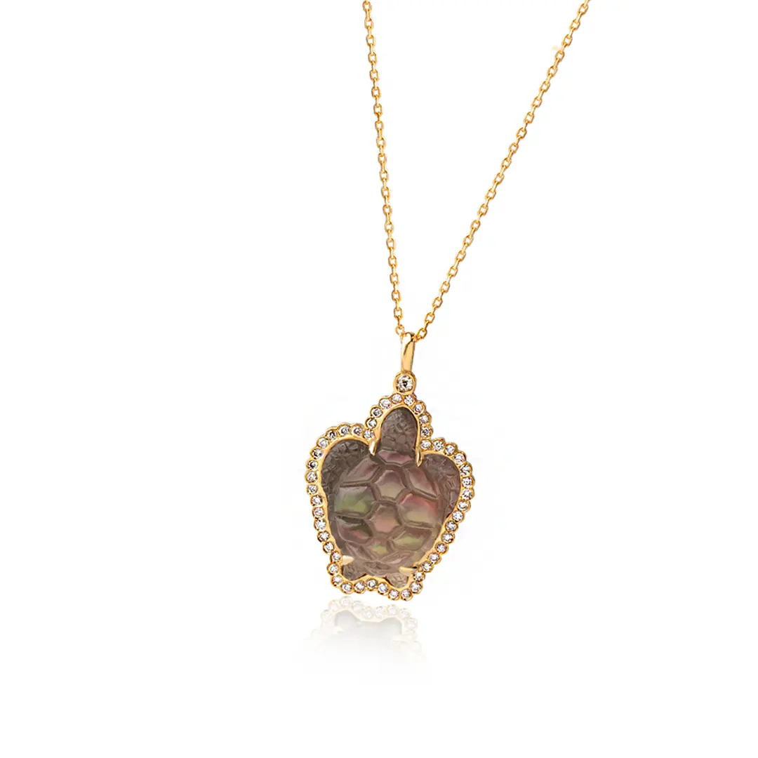 14K Gold Turtle Necklace with Grey Mother of Pearl and Diamonds - Image 3
