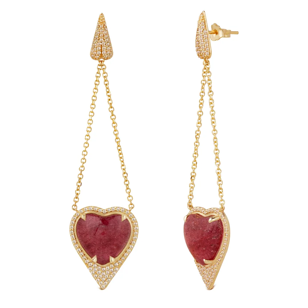Heart Shaped Strawberry 14K Gold Long Earrings surrounded by Brown Diamonds - Image 2