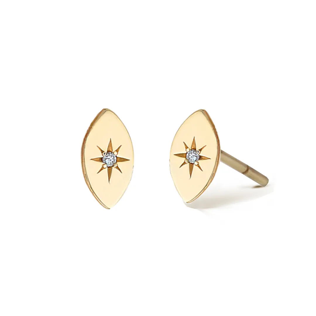 14K Gold Navette Diamond Star Earrings - Image 2