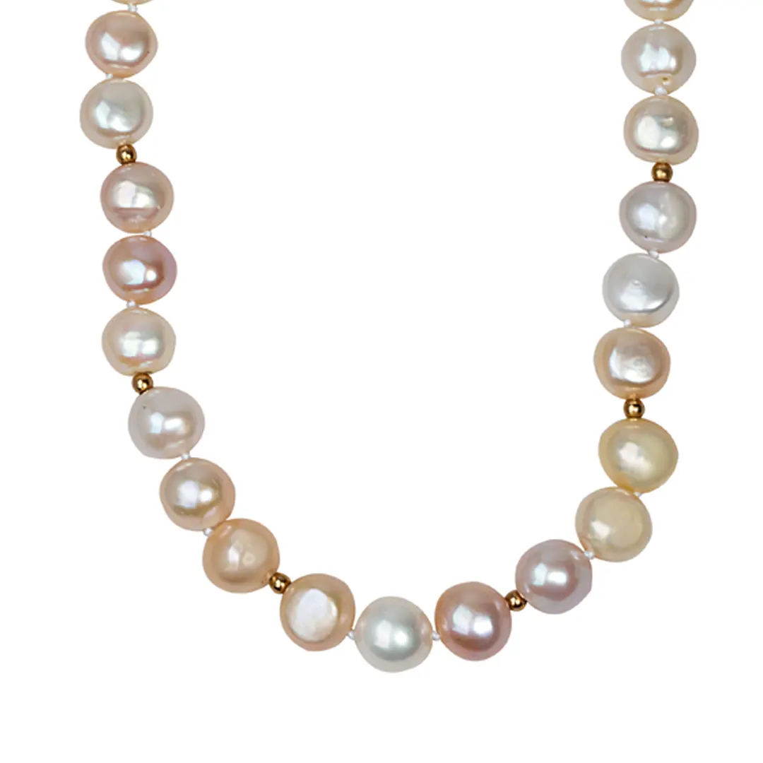 Rope Baroque Pearl Necklace in mixed pink pearl shades with 14K Gold dot details and closure