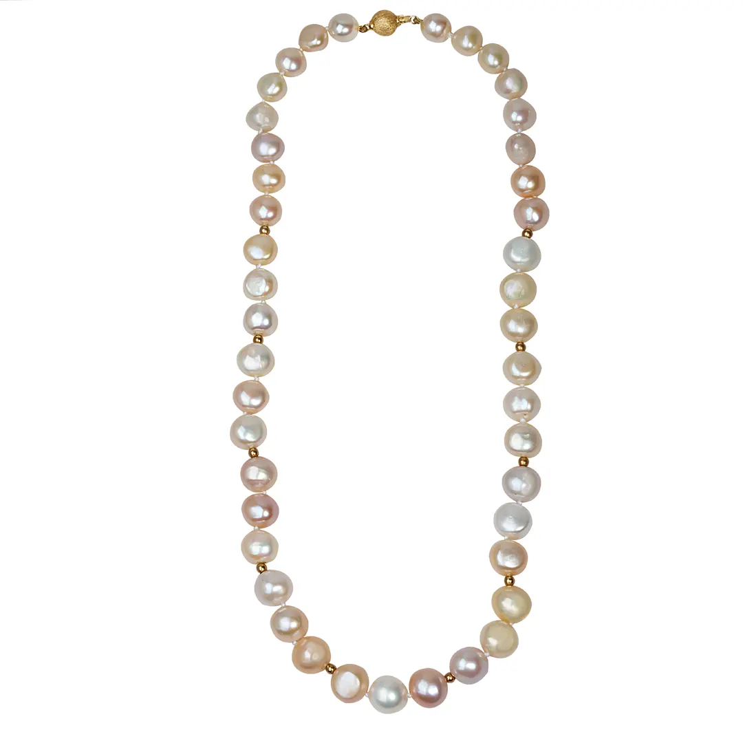Rope Baroque Pearl Necklace in mixed pink pearl shades with 14K Gold dot details and closure - Image 2