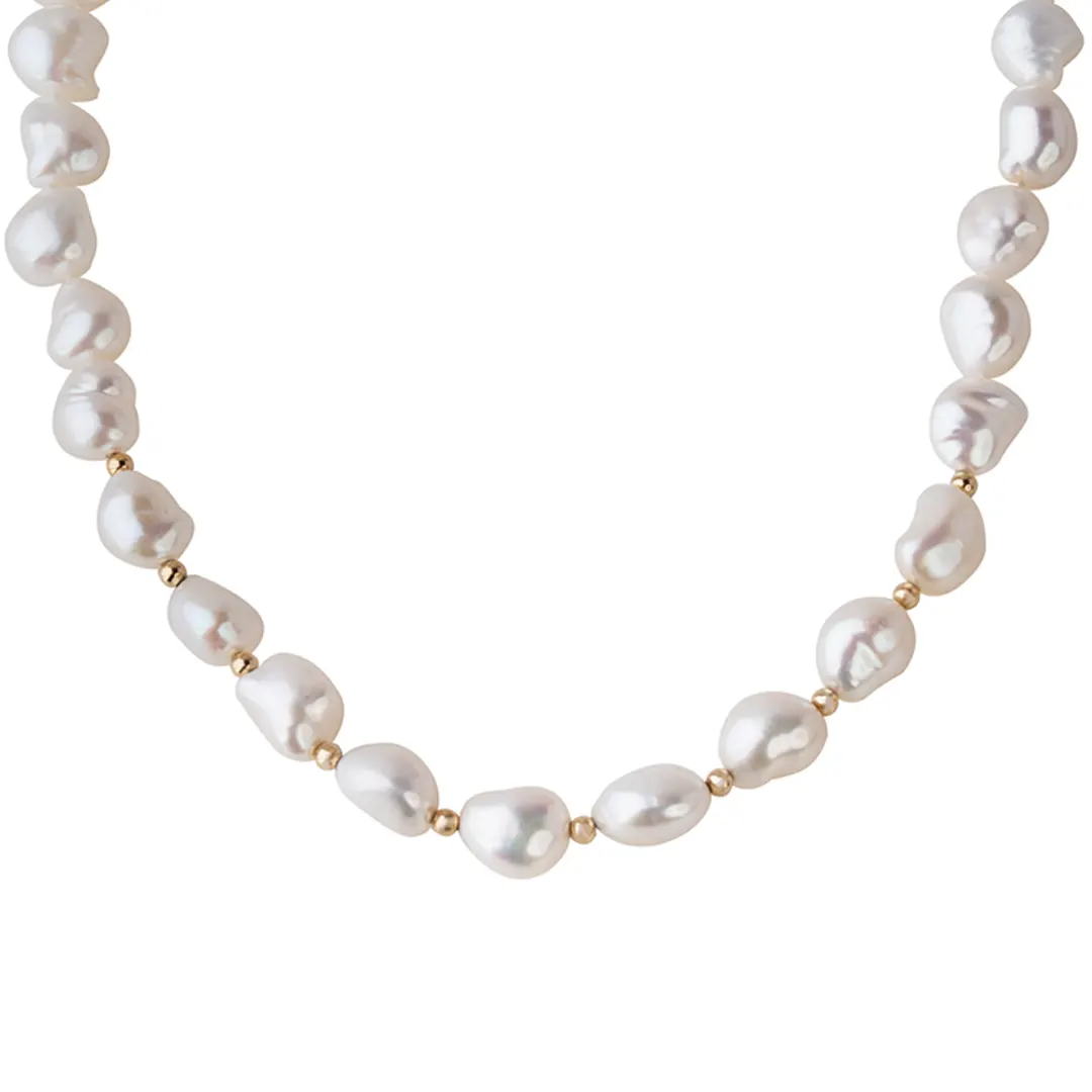 Rope Baroque Pearl Necklace with 14K Gold dot details and closure