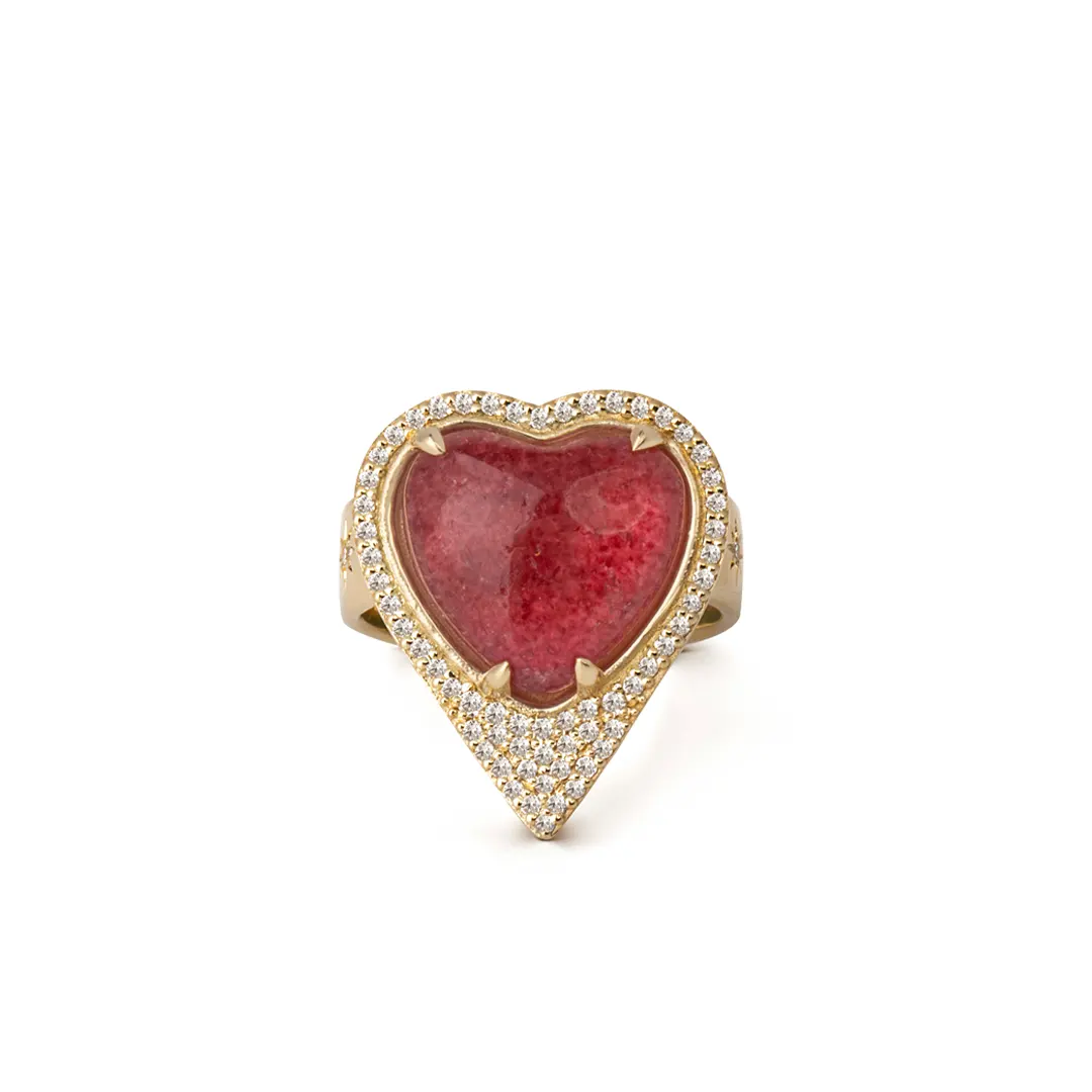 14K Gold Strawberry Heart-Shaped Thick Band Ring surrounded by Diamonds