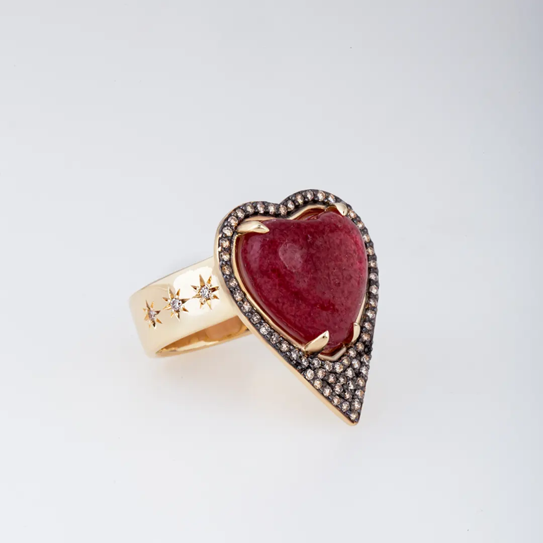 14K Gold Strawberry Heart-Shaped Thick Band Ring surrounded by Diamonds - Image 2