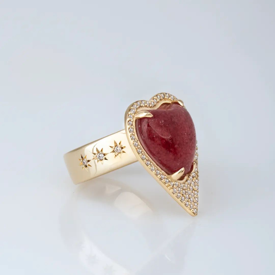 14K Gold Strawberry Heart-Shaped Thick Band Ring surrounded by Diamonds - Image 3