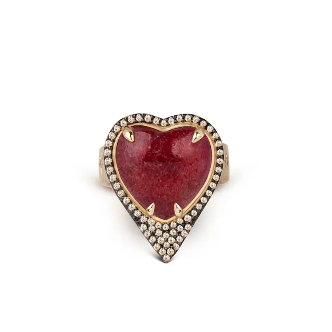 14K Gold Strawberry Heart-Shaped Thick Band Ring surrounded by Diamonds - Image 4