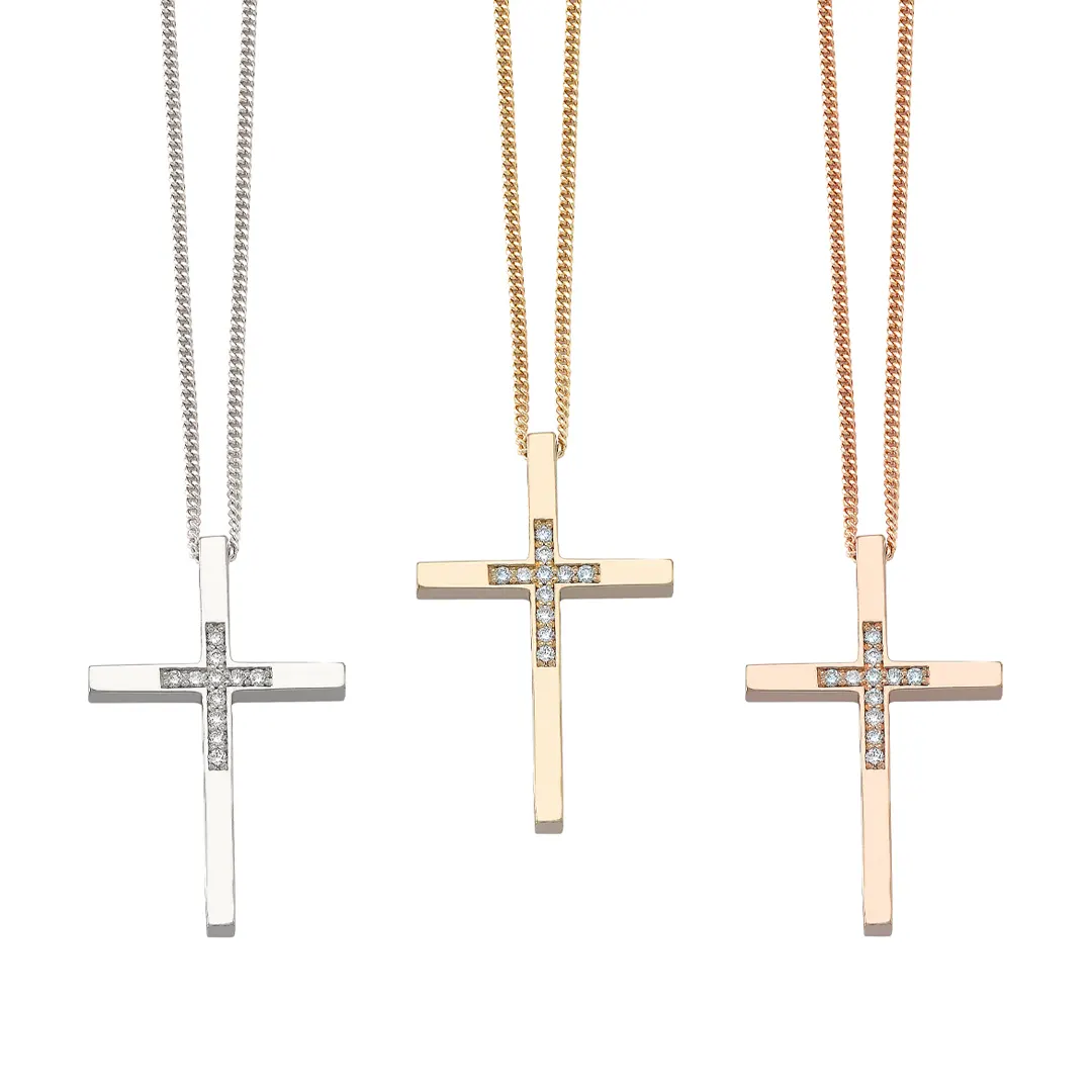 Thin and Tall Gold Cross Pendant Centered with Diamonds - Image 4