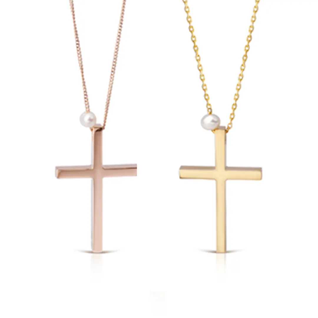 Thin Gold Cross Pendant with Freshwater Pearl - Image 7