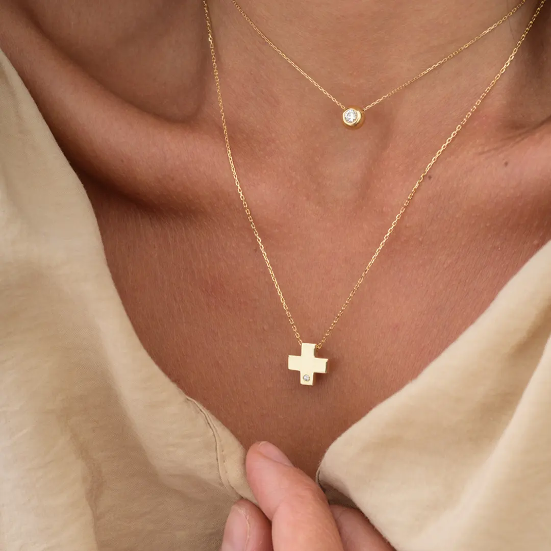 Tiny Squared Gold Cross Pendant - Image 3
