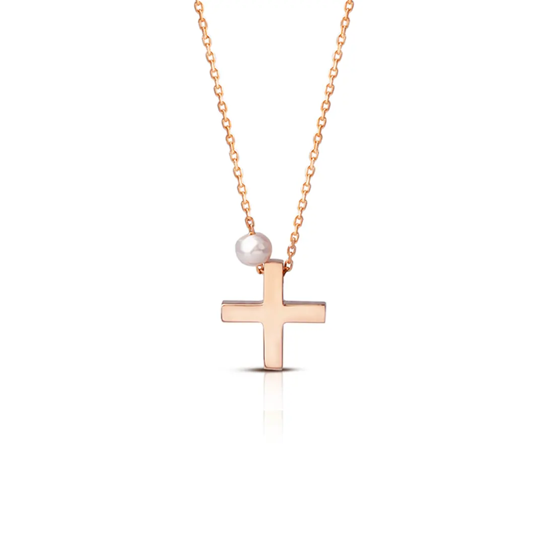 Tiny Squared Gold Cross Pendant with Freshwater Pearl or plain - Image 2