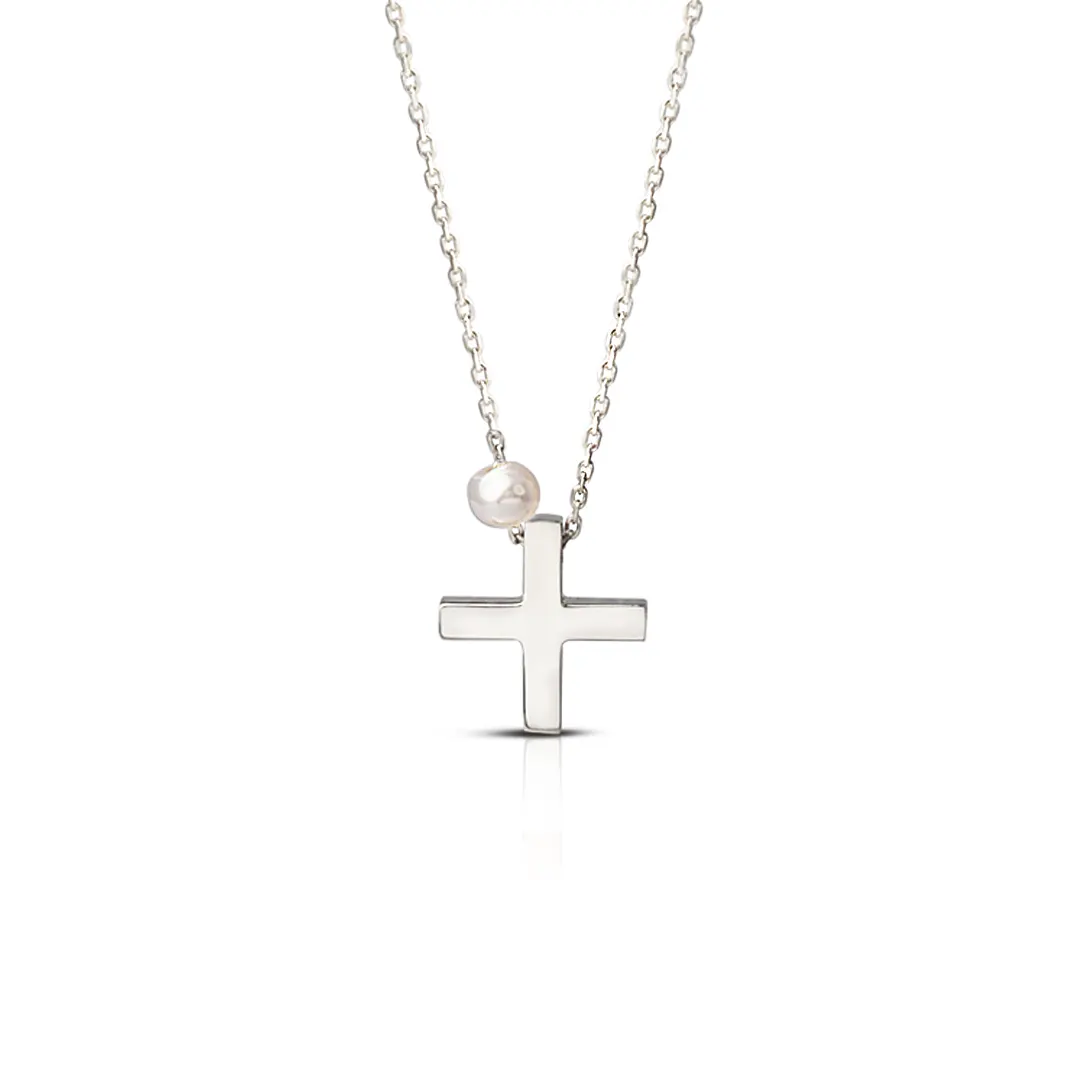 Tiny Squared Gold Cross Pendant with Freshwater Pearl or plain - Image 3