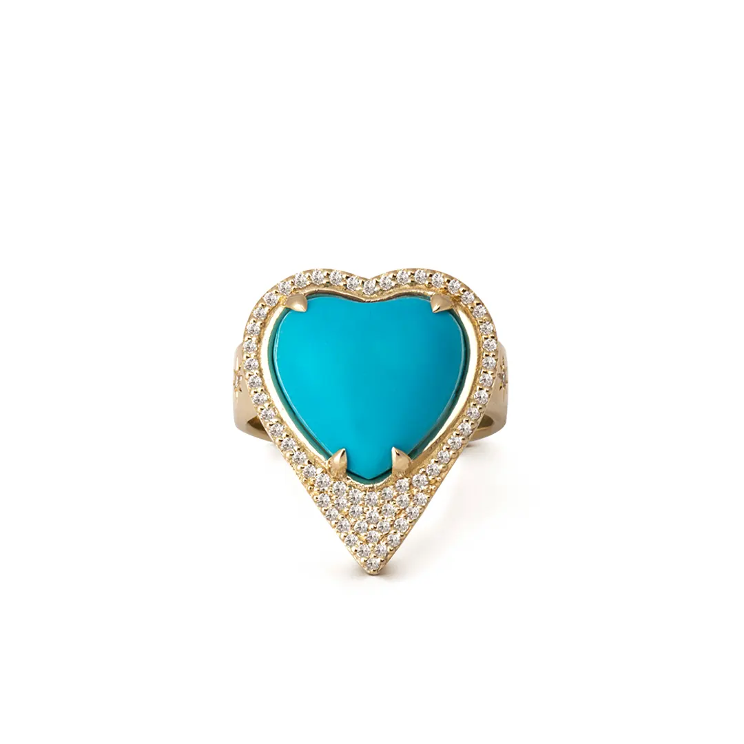 Turquoise Heart Shaped 14K Gold Thick Band Ring surrounded by Diamonds