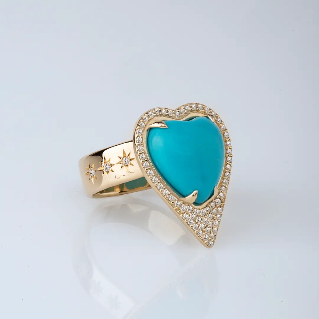 Turquoise Heart Shaped 14K Gold Thick Band Ring surrounded by Diamonds - Image 2