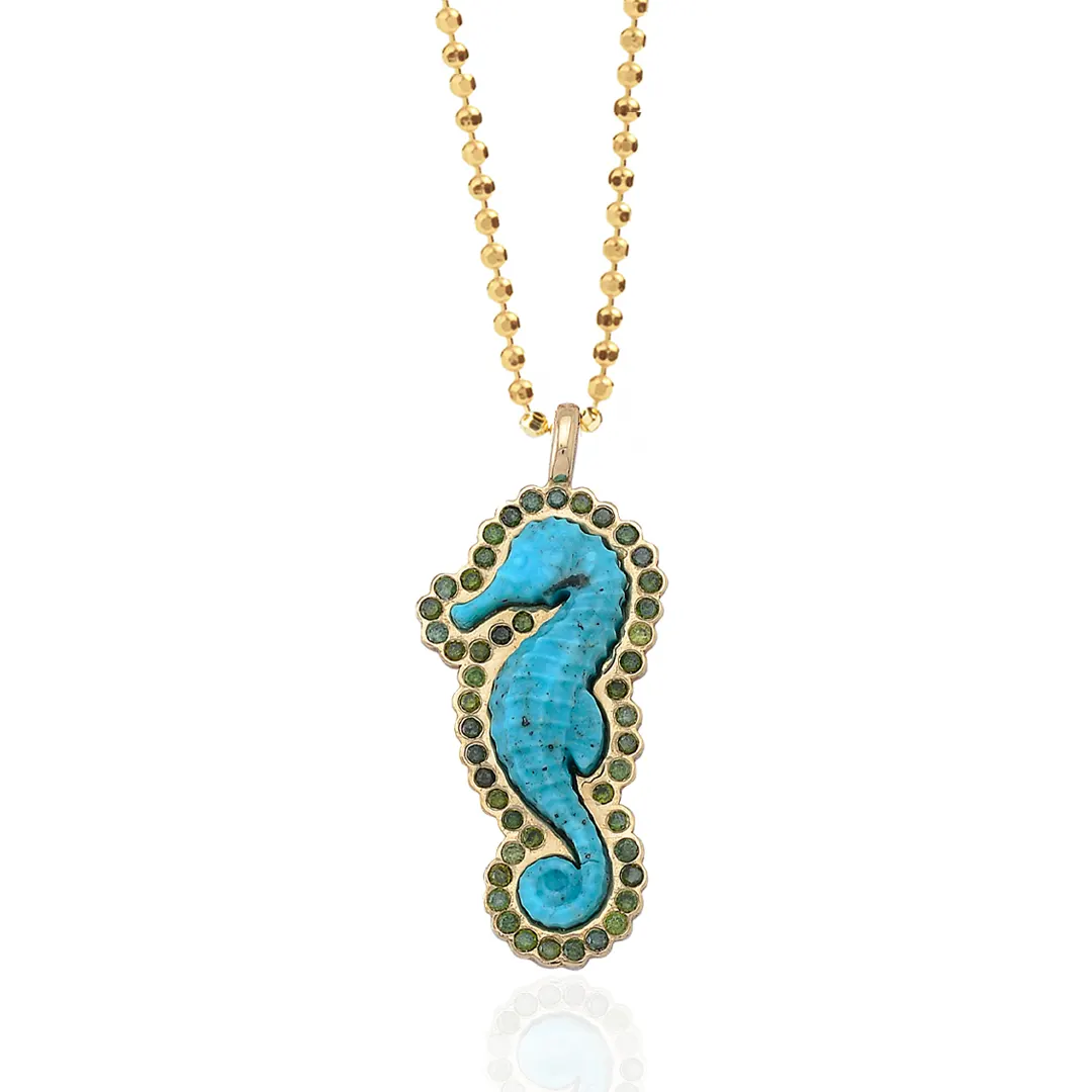 14K Gold Seahorse Necklace with Turquoise and Green Diamonds
