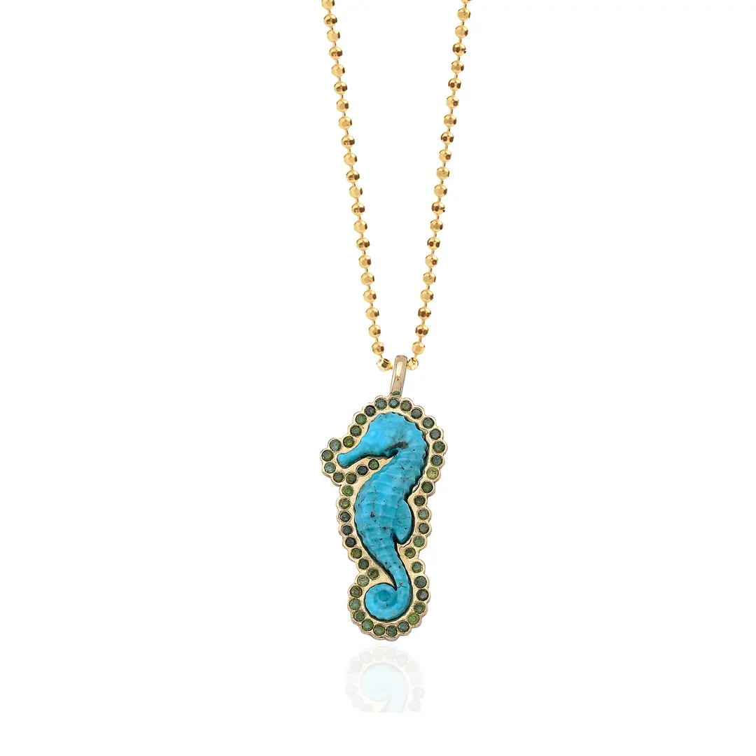 14K Gold Seahorse Necklace with Turquoise and Green Diamonds - Image 3
