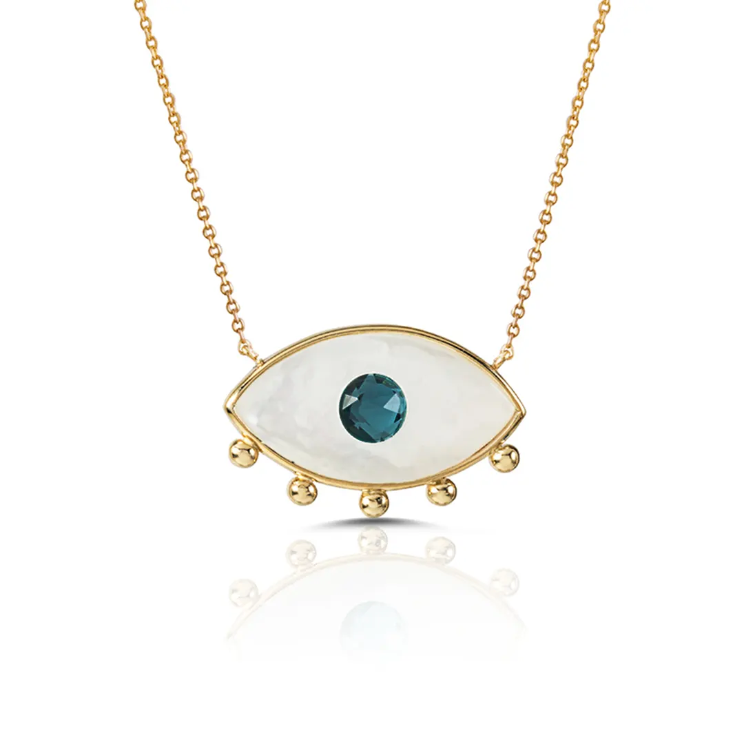 White and Blue Evil Eye 14K Gold Necklace with 5 Gold Dots
